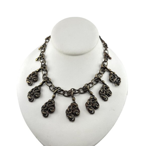 Vintage Brutalist Bronze Statement Necklace Textured Chain Dangle Pendant Choker - Picture 1 of 8